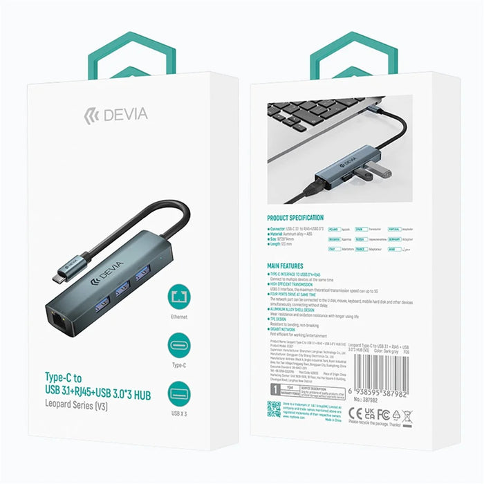 DEVIA EC621 Leopard Series USB-C Docking Station Type-C to USB3.0*3+RJ45, Mini USB 3.1 Hub (Upgraded) - 6