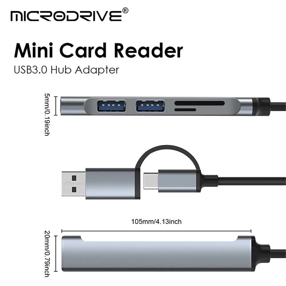 USB+Type-C Hub Adapter to 2xUSB 2.0+USB 3.0+2 Card Reader Slots - 2