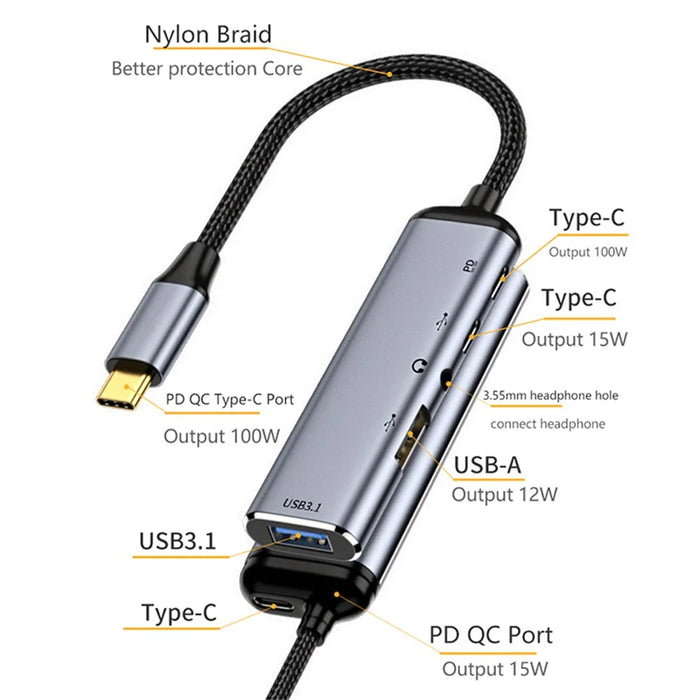 USB-C Hub Adapter Type-C to 2xUSB +Type-C+3.5mm Jack+ PD 100W Dock Station - 3