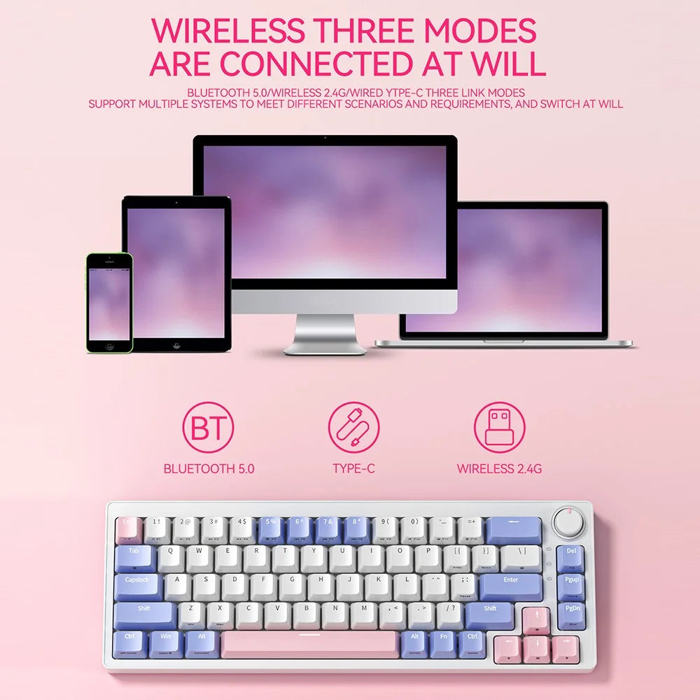 ZA68 Pro RGB Hot Swap 2.4G+Type-C+Bluetooth-compatible 68-Key Computer Keyboard - Purple+Pink - 2