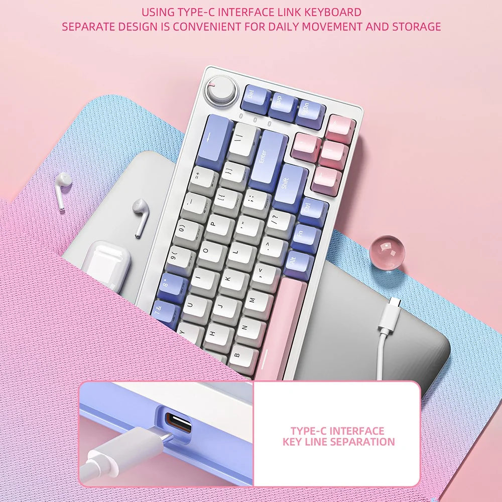 ZA68 Pro RGB Hot Swap 2.4G+Type-C+Bluetooth-compatible 68-Key Computer Keyboard - Purple+Pink - 5