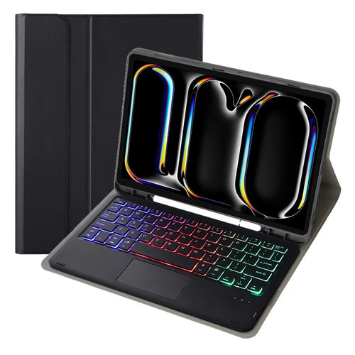 A13B-AS For iPad Pro 11 (2024) Pen Slot Design Leather Tablet Cover + Backlit Bluetooth-compatible Keyboard with Touchpad - Black - 1
