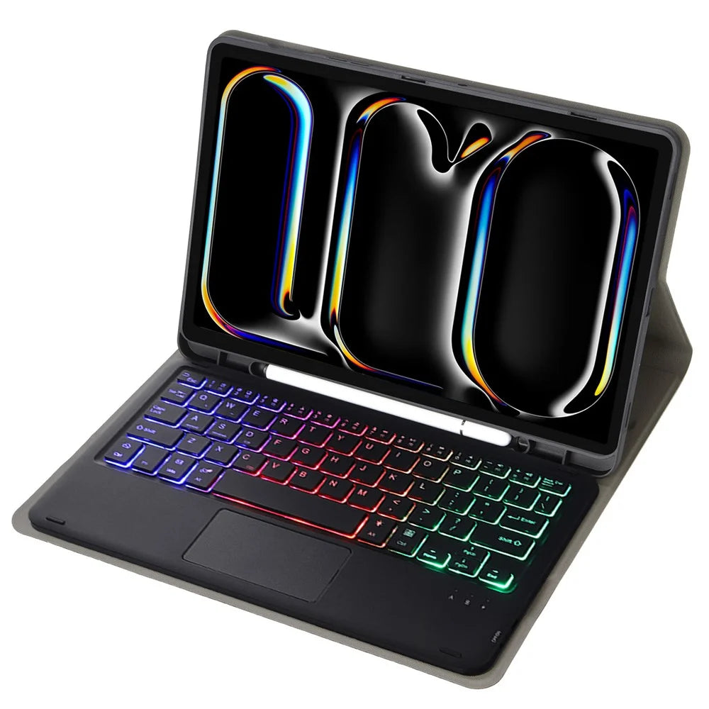 A13B-AS For iPad Pro 11 (2024) Pen Slot Design Leather Tablet Cover + Backlit Bluetooth-compatible Keyboard with Touchpad - Black - 2