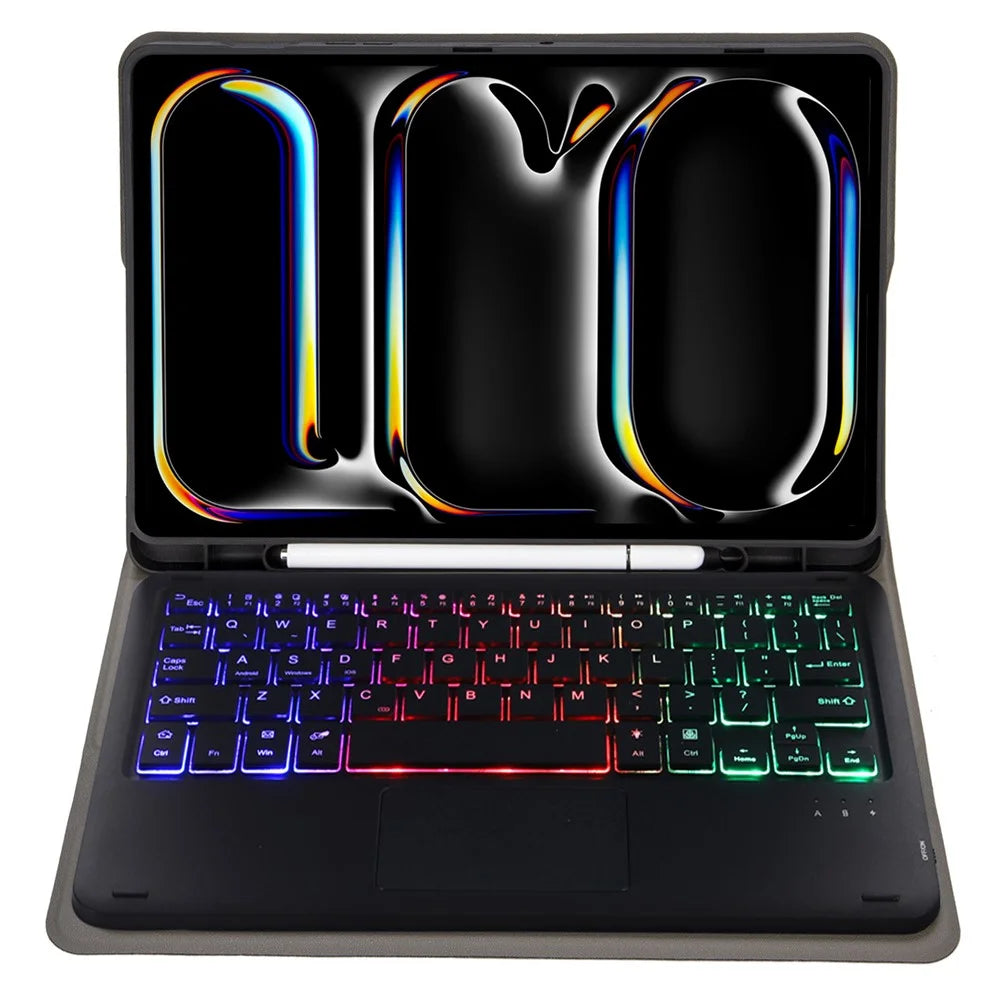 A13B-AS For iPad Pro 11 (2024) Pen Slot Design Leather Tablet Cover + Backlit Bluetooth-compatible Keyboard with Touchpad - Black - 3