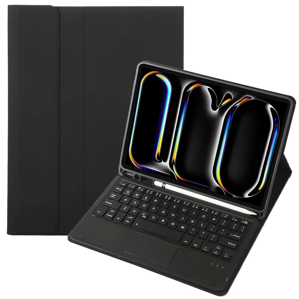 A13B-A For iPad Pro 11 (2024) Pen Slot Leather Tablet Case + Bluetooth-compatible Keyboard with Touchpad - Black - 1