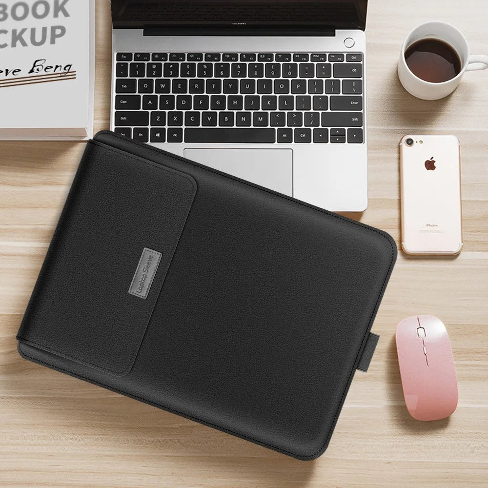 13-inch Stand Leather Laptop Bag Sleeve with Cable Organizer + Power Adapter Pouch + Mouse Bag - Black - 1
