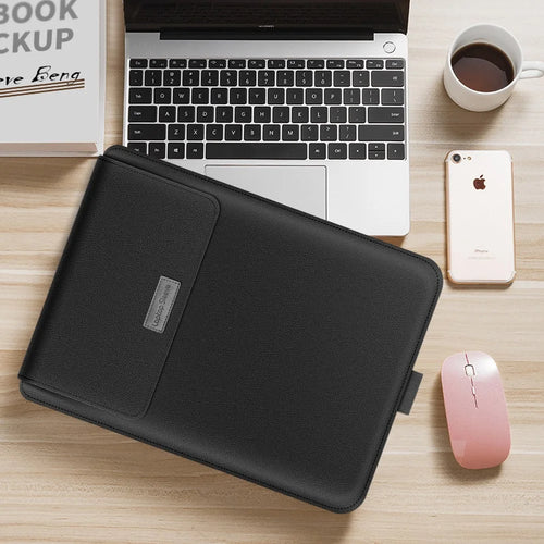 13-inch Stand Leather Laptop Bag Sleeve with Cable Organizer + Power Adapter Pouch + Mouse Bag - Black - 1