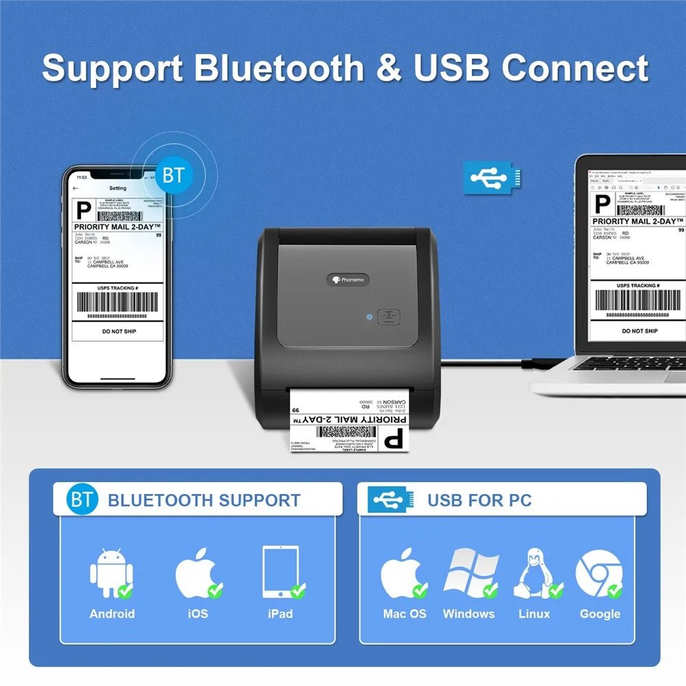 PHOMEMO D520-BT Inkless Thermal Printer Mailing Label Bluetooth-compatible Printer, US Plug - Black+White - 4