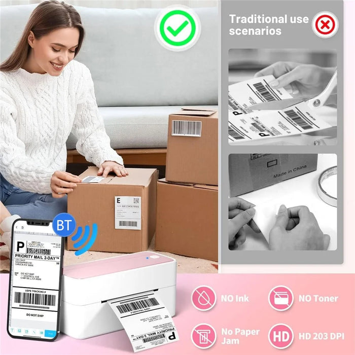 PHOMEMO PM241-BT 203DPI Inkless Thermal Printer Bluetooth-compatible Label Printer - Pink+White / US Plug - 6