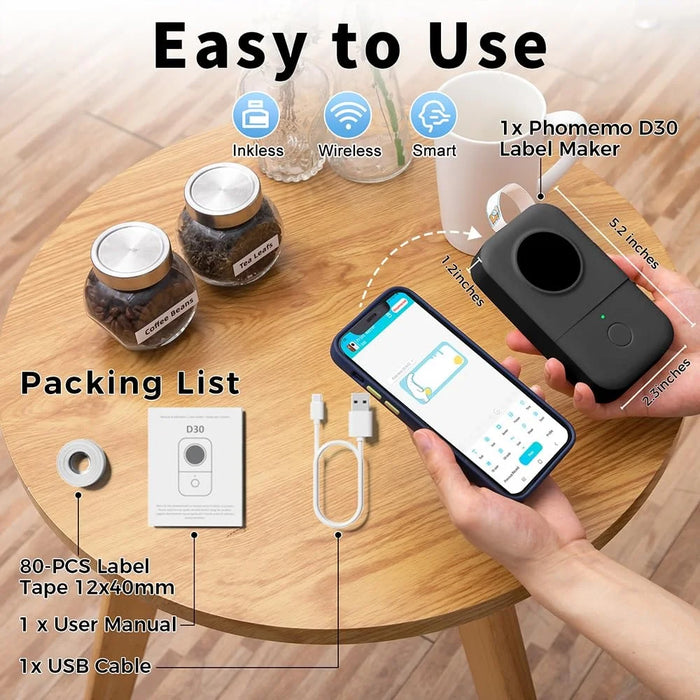 PHOMEMO D30 Portable Inkless Wireless Label Maker Mini Thermal Label Printer for Home School Office - Black - 5