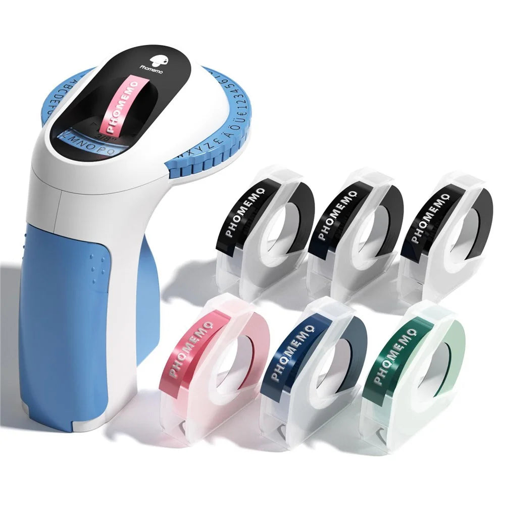 PHOMEMO E975 Embossing Label Maker Handheld Embossed Label Machine with 6 Rolls Of Tapes - Blue - 1