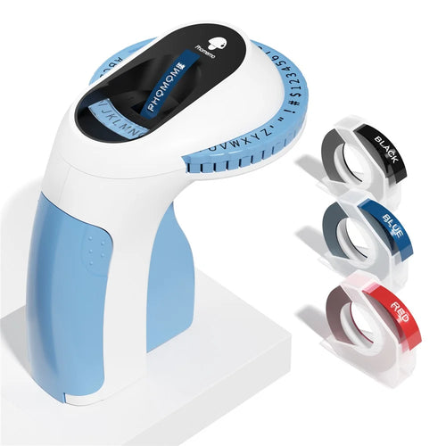 PHOMEMO E975 Manual Embossing Label Maker Handheld Embossed Label Machine with 3 Rolls Of Tapes - Blue - 1