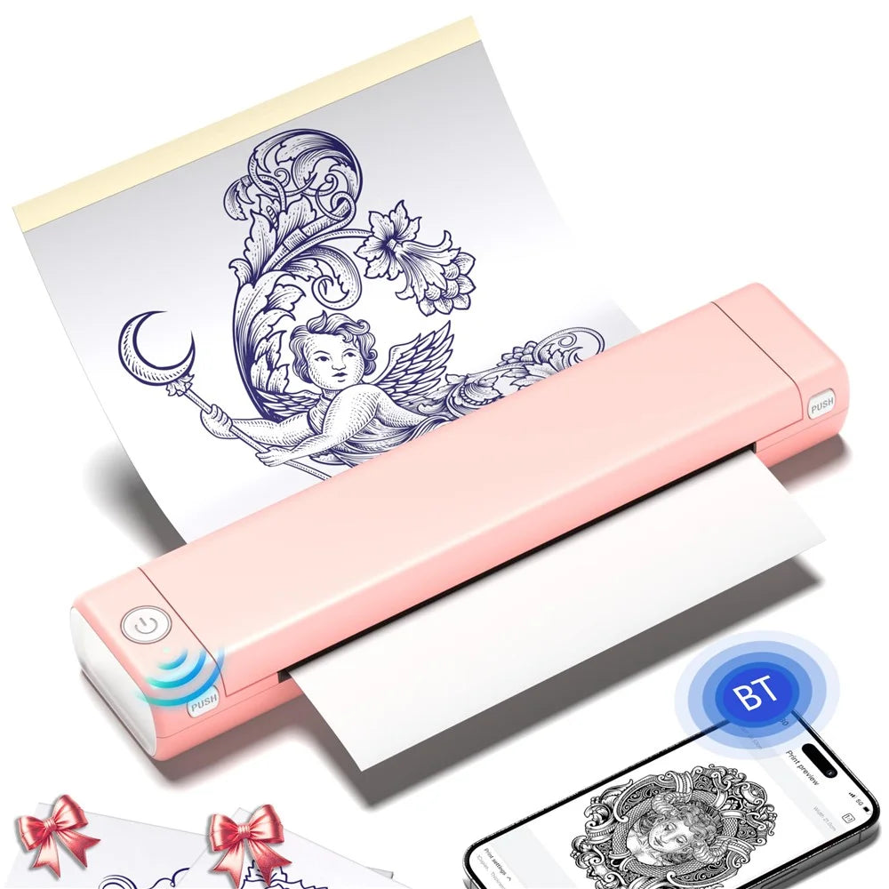 PHOMEMO M08F Thermal Printer Portable Bluetooth-compatible Inkless Printer, Tattoo Version / 216mm Print Width - White+Pink - 1