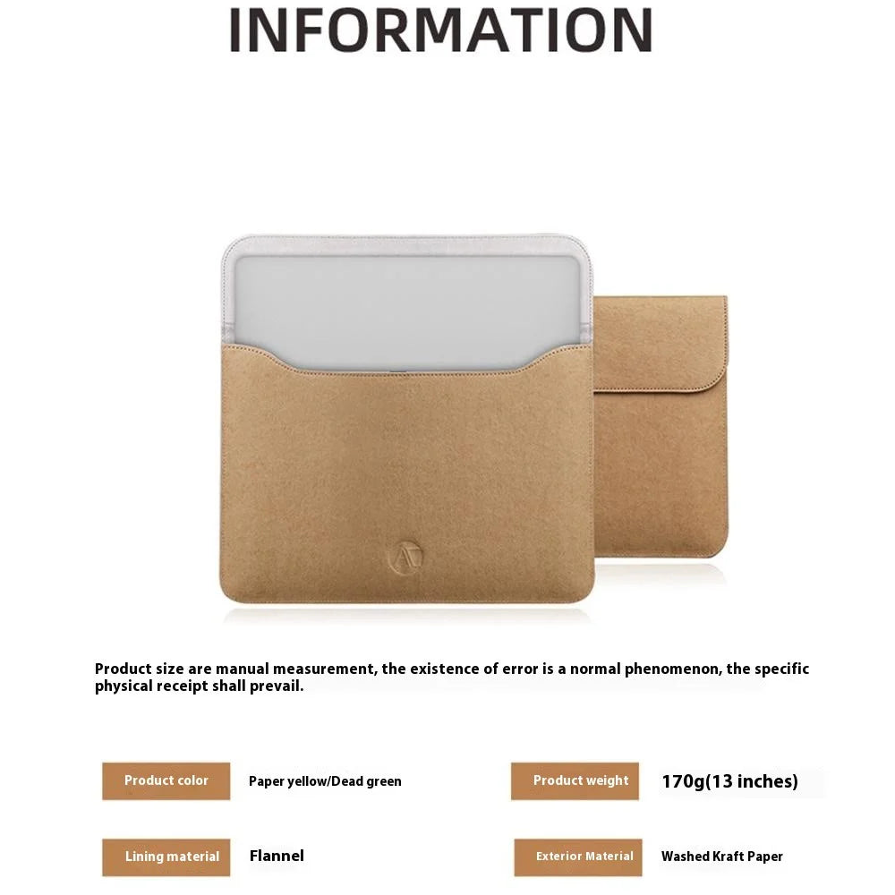 For 13 inch Laptop Carrying Case Washed Kraft Paper Portable Sleeve Bag Magnetic Closure - Yellow - 5