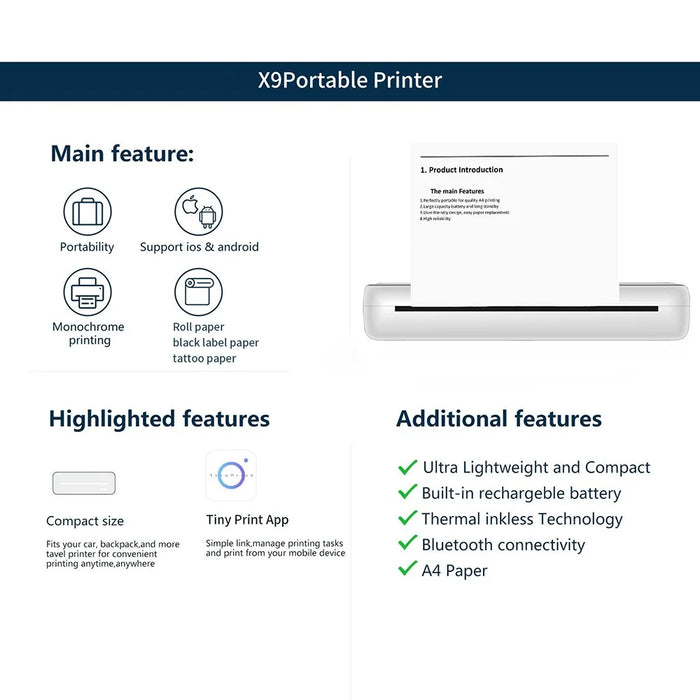 X9 Portable Bluetooth-compatible Thermal Printer 22mm / s Fast Speed 200dpi A4 Inkless Printing Machine - 7