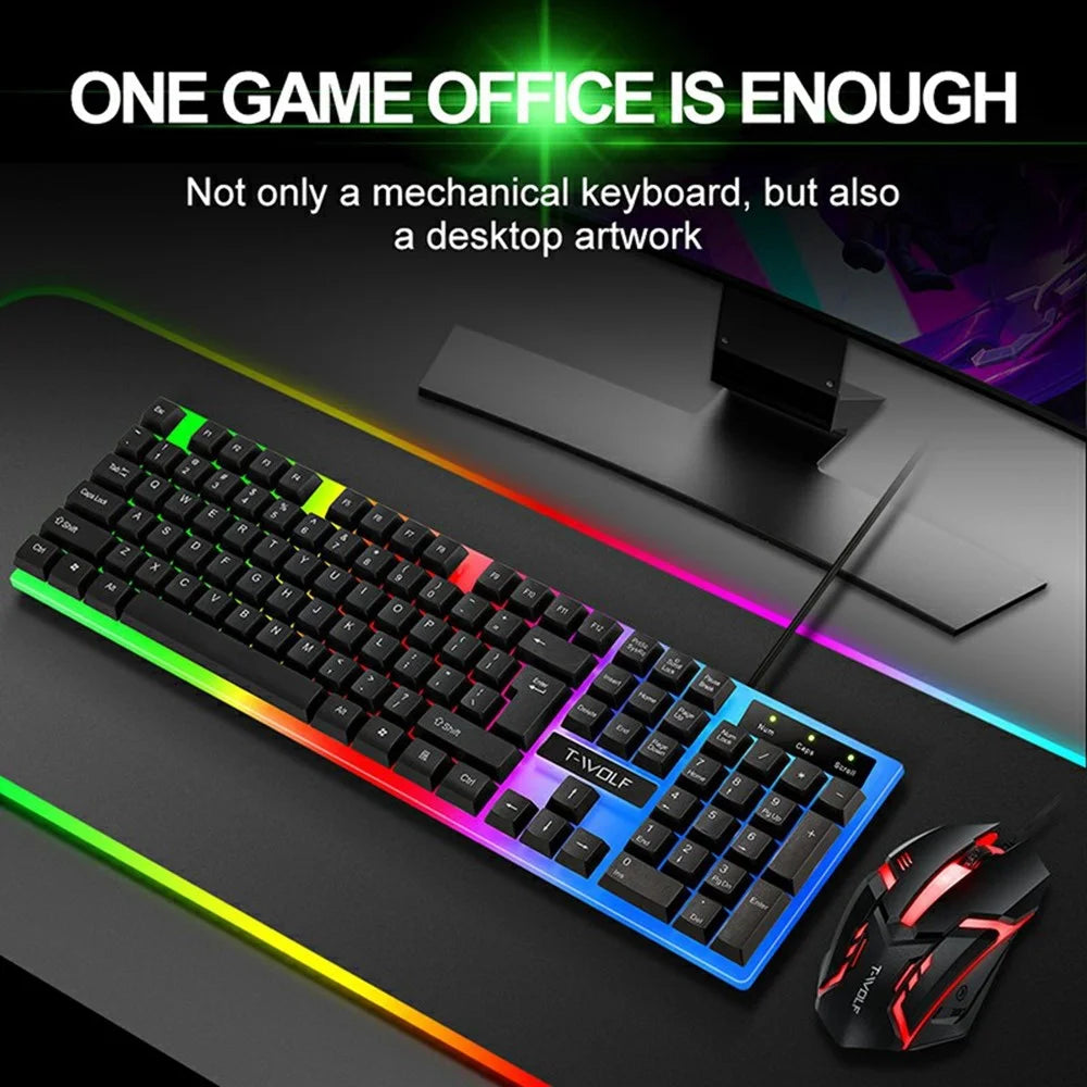 T-WOLF TF230 USB Wired Mechanical Keyboard and Mouse Set with Colorful Backlight for PC Computer Laptop, Black - 2