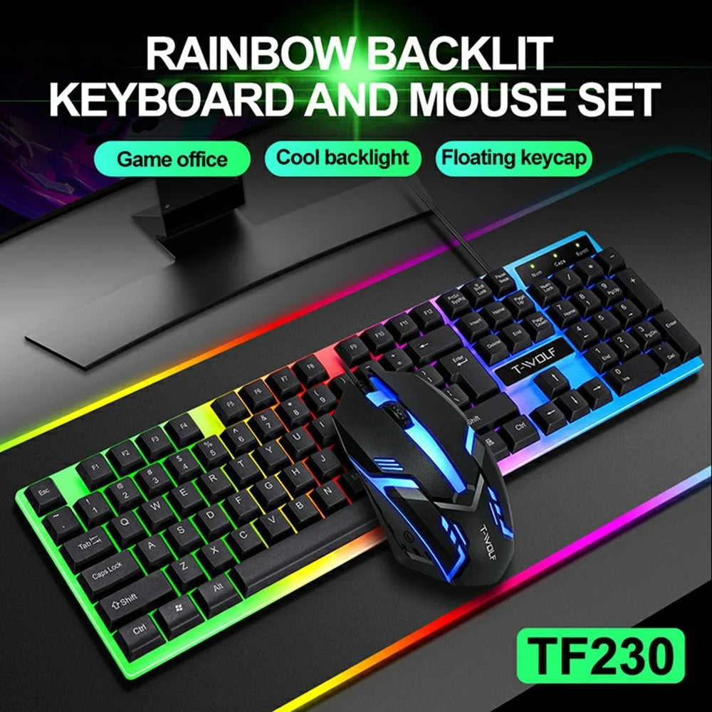 T-WOLF TF230 USB Wired Mechanical Keyboard and Mouse Set with Colorful Backlight for PC Computer Laptop, Black - 3