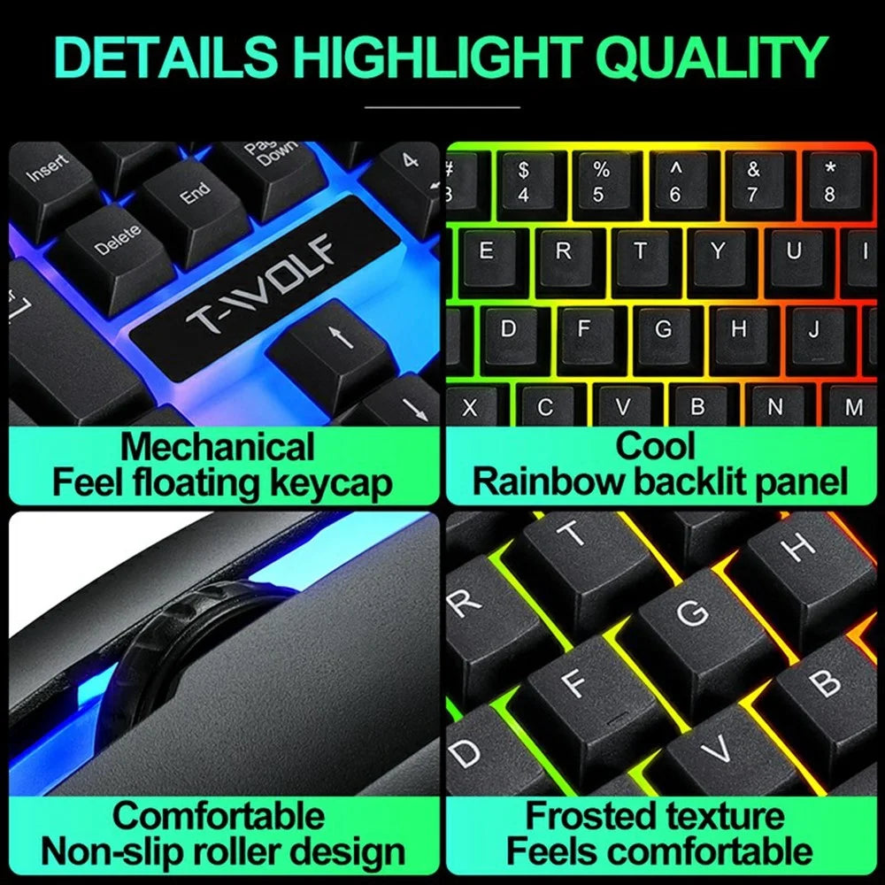T-WOLF TF230 USB Wired Mechanical Keyboard and Mouse Set with Colorful Backlight for PC Computer Laptop, Black - 4