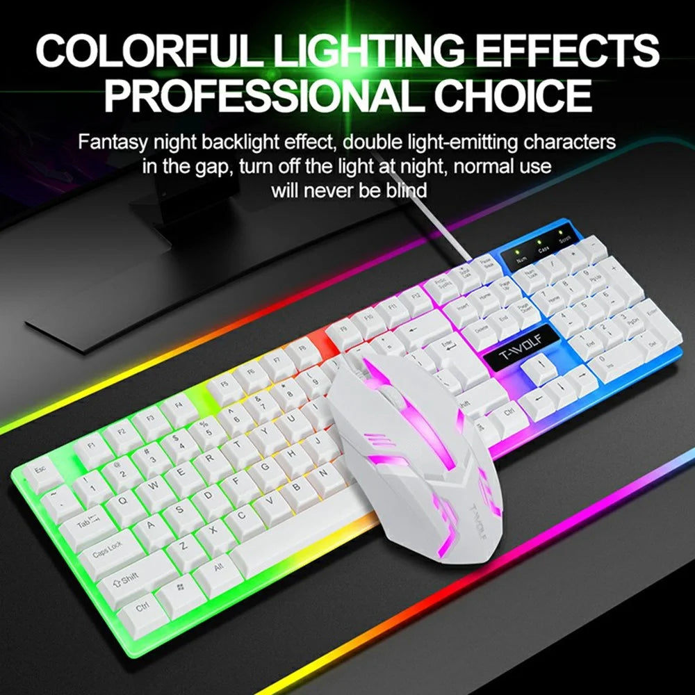 T-WOLF TF230 USB Wired Mechanical Keyboard and Mouse Set with Colorful Backlight for PC Computer Laptop, White - 2