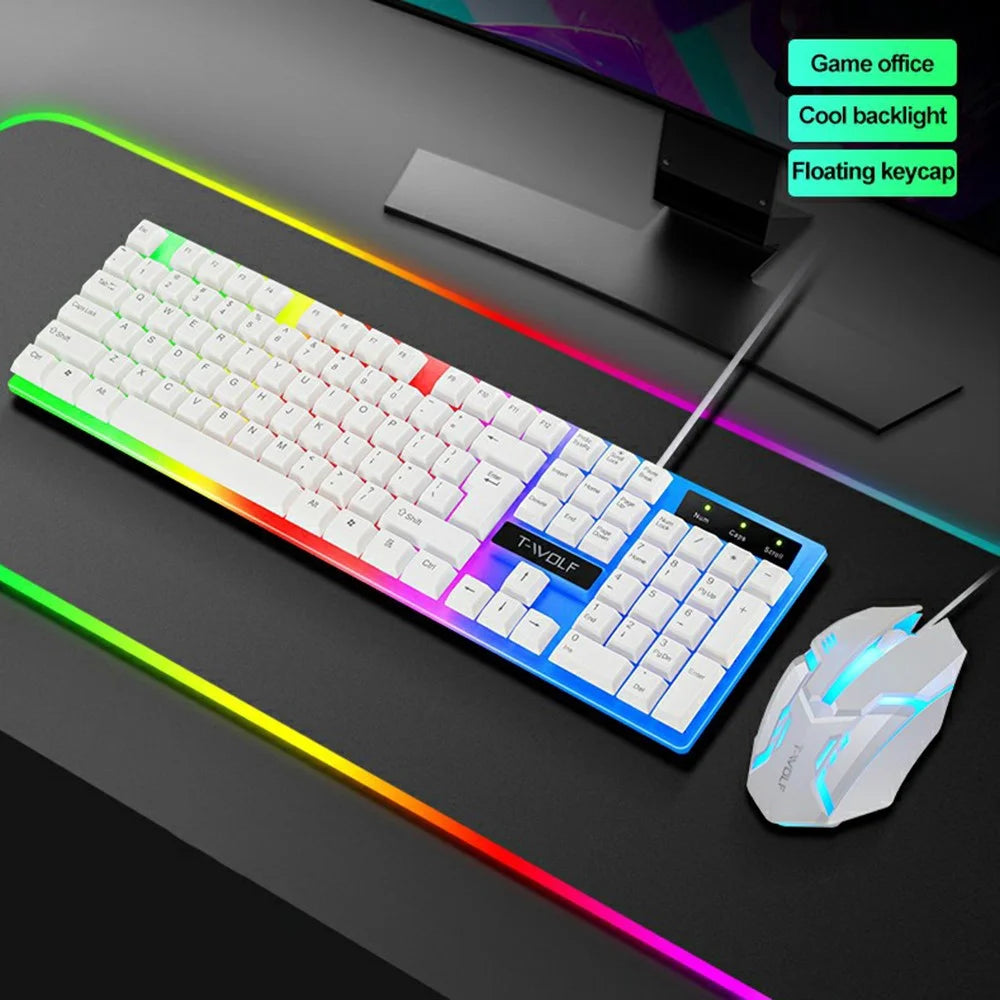 T-WOLF TF230 USB Wired Mechanical Keyboard and Mouse Set with Colorful Backlight for PC Computer Laptop, White - 3