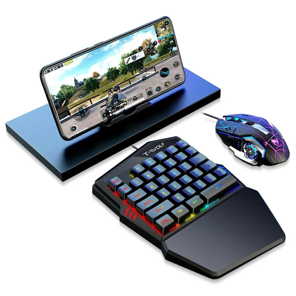 T-WOLF TF950 40 Keys One Hand Gaming Keyboard USB Wired Mouse Combo Set with Mobile Game Converter and Phone Holder - 1