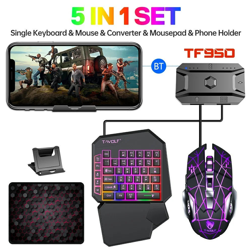 T-WOLF TF950 40 Keys One Hand Gaming Keyboard USB Wired Mouse Combo Set with Mobile Game Converter and Phone Holder - 2