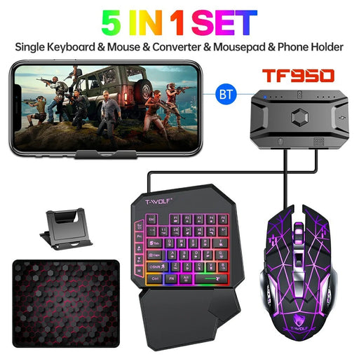T-WOLF TF950 40 Keys One Hand Gaming Keyboard USB Wired Mouse Combo Set with Mobile Game Converter and Phone Holder - 2