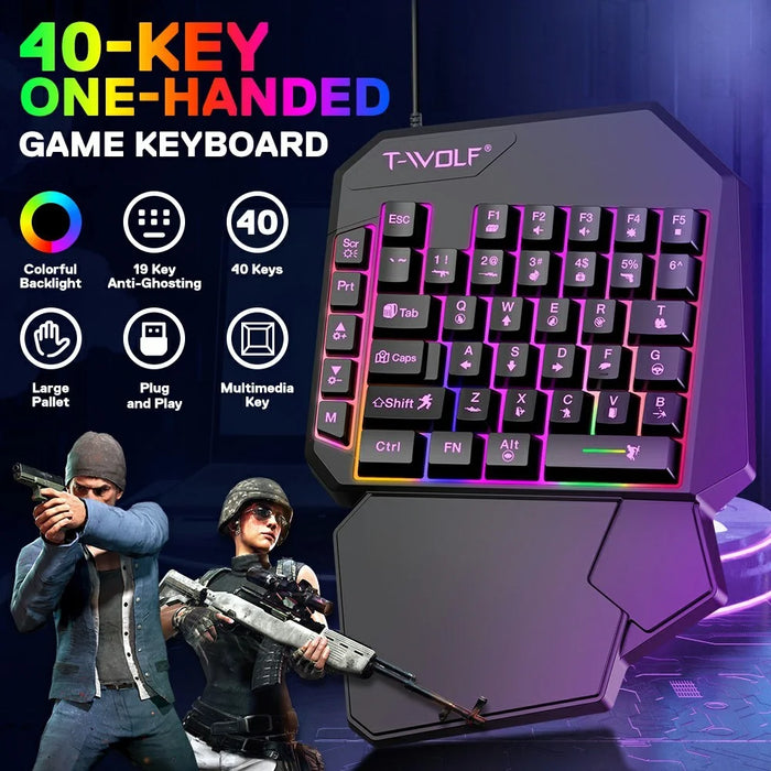 T-WOLF TF950 40 Keys One Hand Gaming Keyboard USB Wired Mouse Combo Set with Mobile Game Converter and Phone Holder - 3