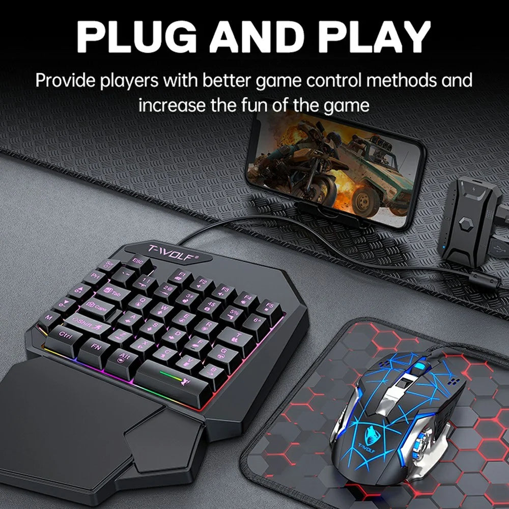 T-WOLF TF950 40 Keys One Hand Gaming Keyboard USB Wired Mouse Combo Set with Mobile Game Converter and Phone Holder - 6