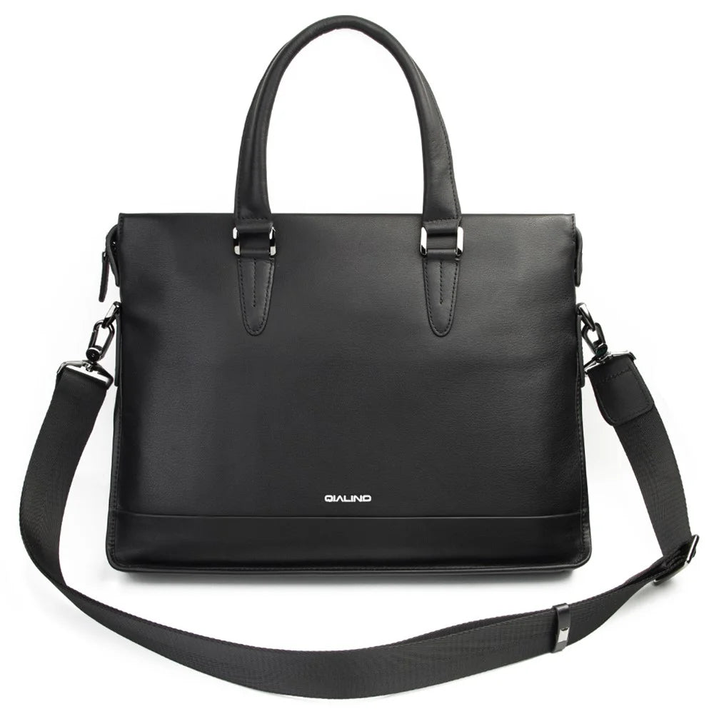 QIALINO For Universal 15 Inch Laptop Storage Bag Genuine Cow Leather Sleeve Case with Detachable Shoulder Strap - 1
