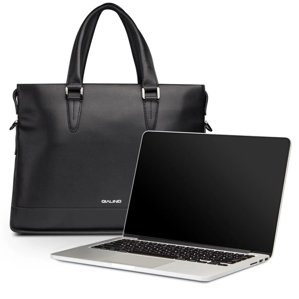 QIALINO For Universal 15 Inch Laptop Storage Bag Genuine Cow Leather Sleeve Case with Detachable Shoulder Strap - 2