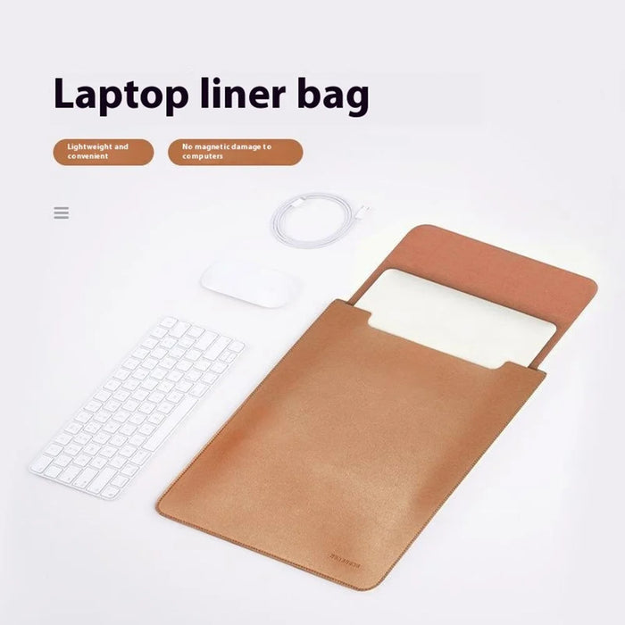 HUASHENG For 13  /  13.3  /  14 Inch Laptop Sleeve Ultra Thin PU Leather Portable Non Magnetic Vertical Notebook Bag - Light Brown - 4
