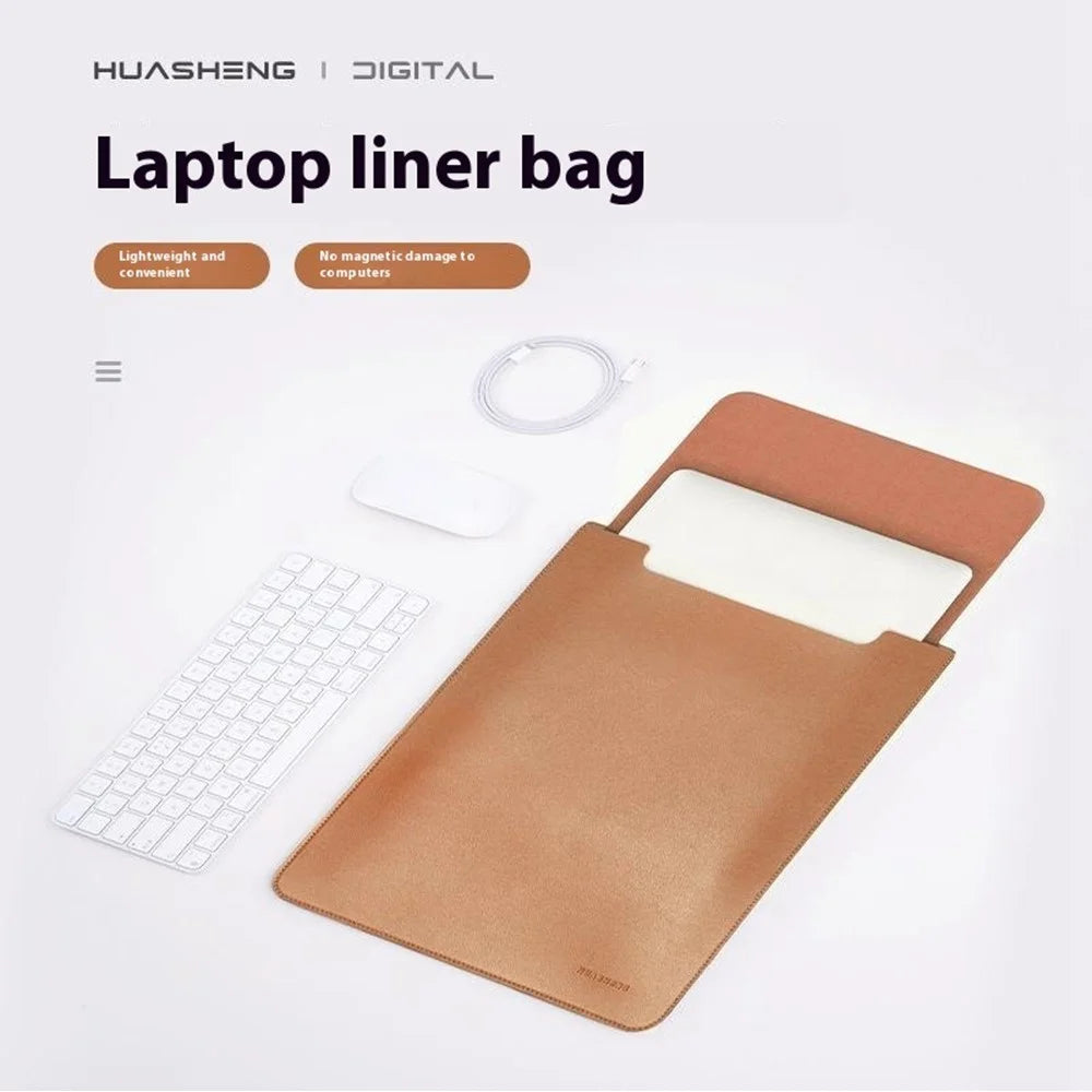 HUASHENG For 15.6 / 16 Inch Laptop Sleeve Ultra Thin PU Leather Portable Non Magnetic Vertical Notebook Bag - Light Brown - 4