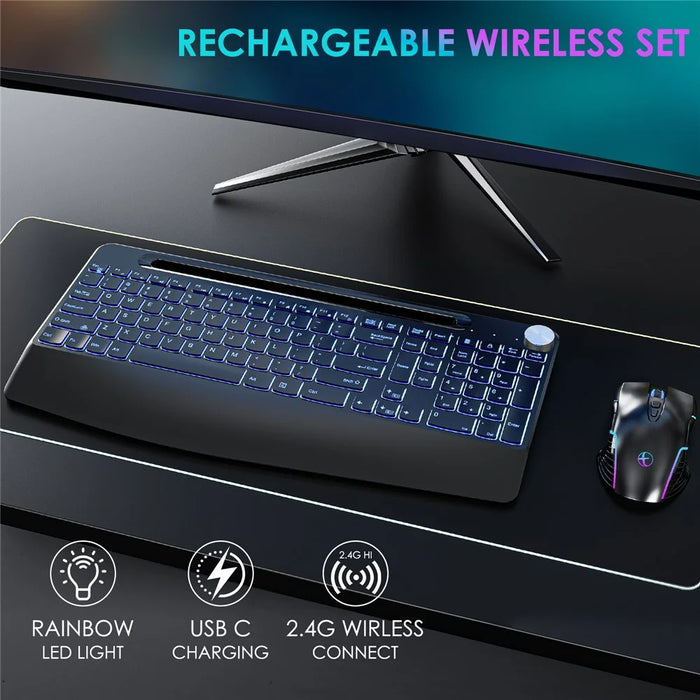 2.4G Wireless Keyboard Mouse Set Ergonomic RGB Backlit Computer Laptop Rechargeable Keyboard Mouse - 2