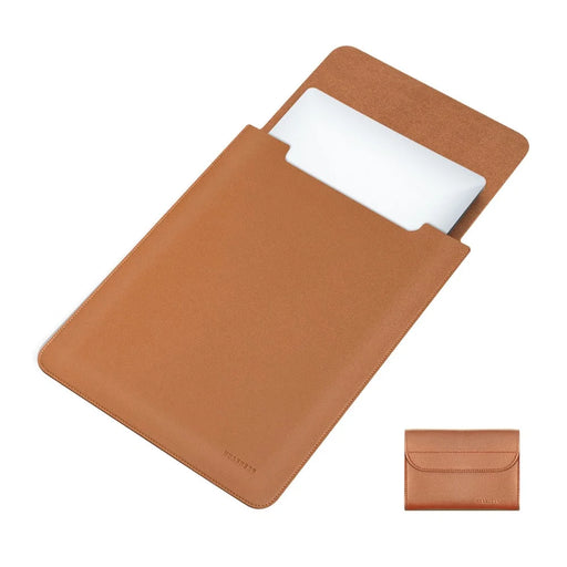 HUASHENG Vertical Laptop Sleeve with Mini Pouch for 13 / 13.3 / 14 Inch Notebook Bag Ultra Thin Portable PU Leather Case - Light Brown - 1