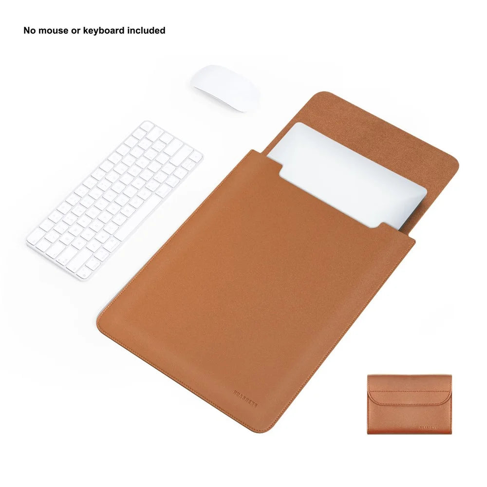 HUASHENG Vertical Laptop Sleeve with Mini Pouch for 12 Inch Notebook Bag Ultra Thin Portable PU Leather Case - Light Brown - 2