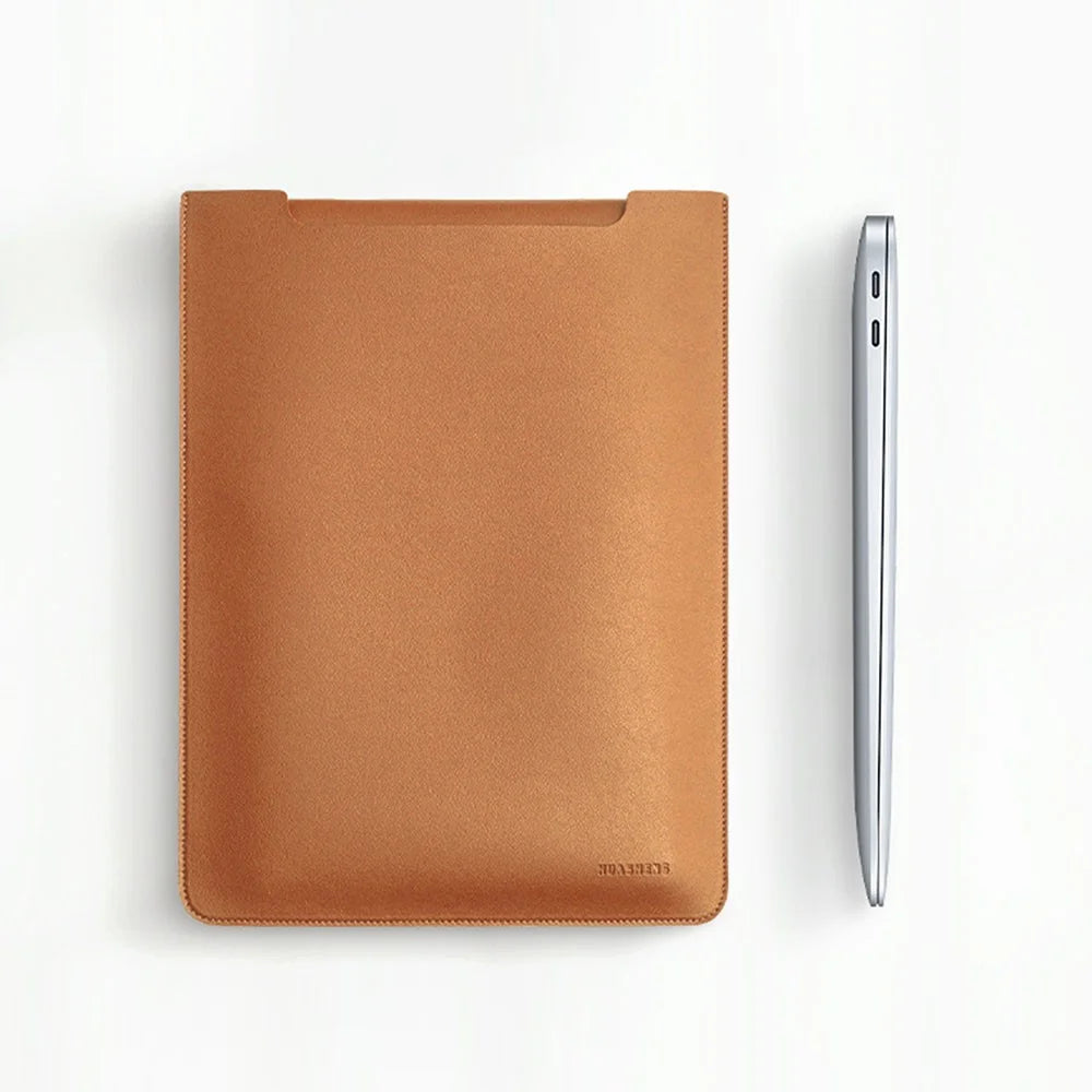 HUASHENG Vertical Laptop Sleeve with Mini Pouch for 12 Inch Notebook Bag Ultra Thin Portable PU Leather Case - Light Brown - 3