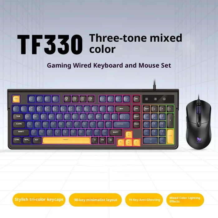 T-WOLF TF330 Wired Gaming Keyboard Mouse Combo Set 98 Keys 7200 DPI Keyboard Mouse with RGB Backlit - Navy Blue + Black Set - 3