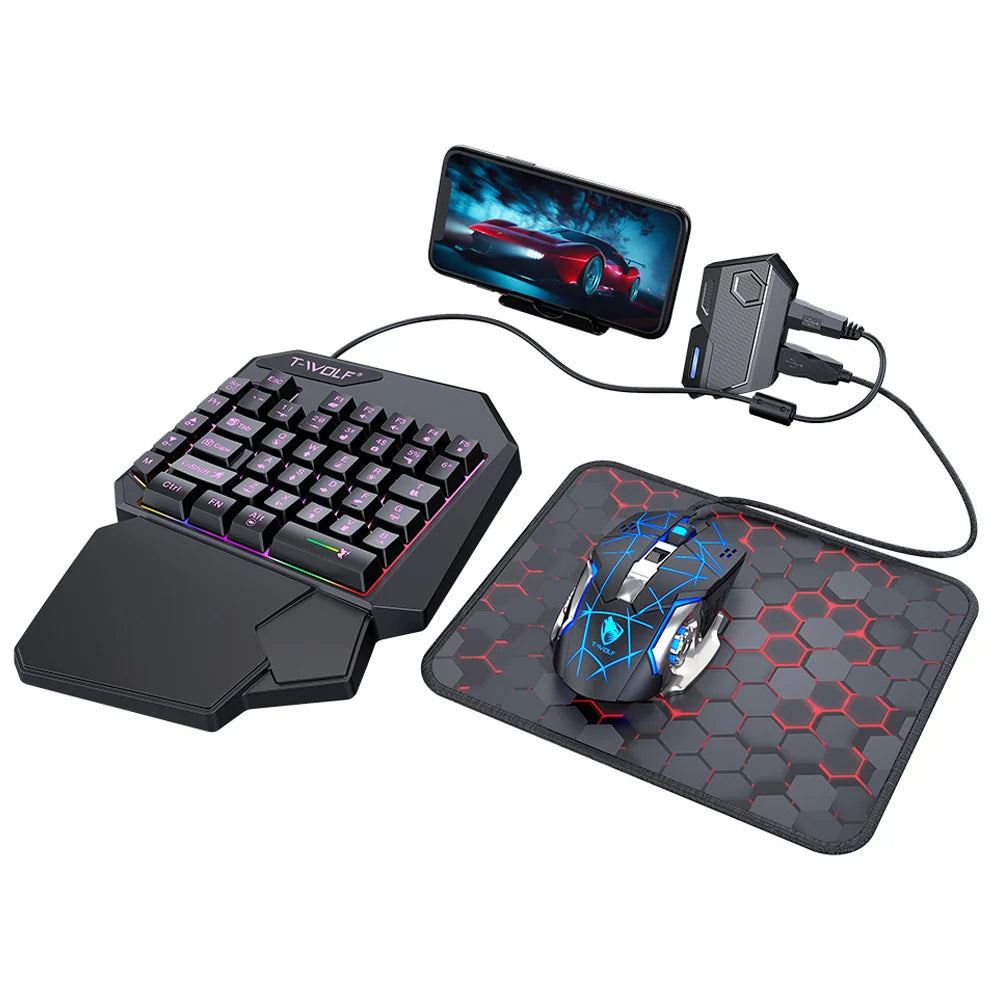 T-WOLF TF950 5PCS Gaming Keyboard Mouse Set Wired 40-Key Keyboard Mouse with Stand and Adapter for Android Phone Tablet  - Black - 1