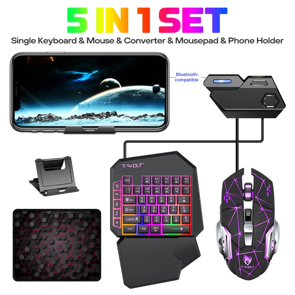 T-WOLF TF950 5PCS Gaming Keyboard Mouse Set Wired 40-Key Keyboard Mouse with Stand and Adapter for Android Phone Tablet  - Black - 3