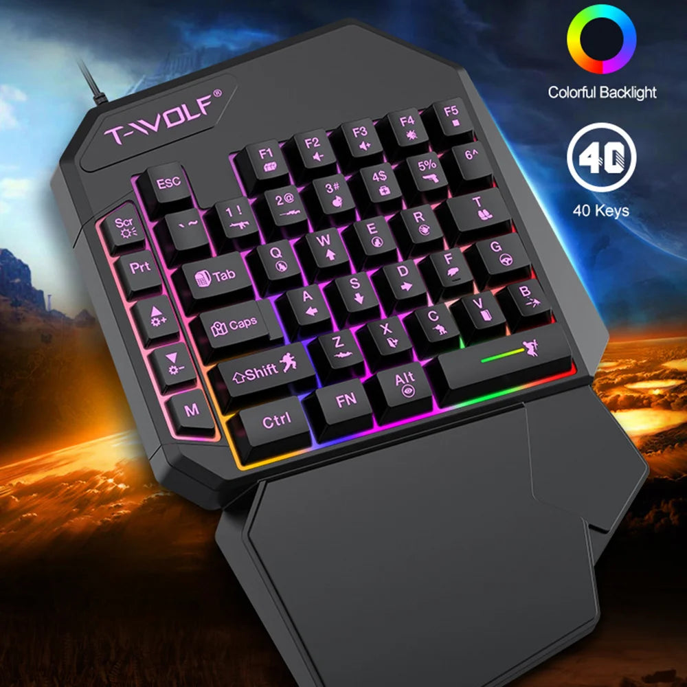 T-WOLF TF950 5PCS Gaming Keyboard Mouse Set Wired 40-Key Keyboard Mouse with Stand and Adapter for Android Phone Tablet  - Black - 4