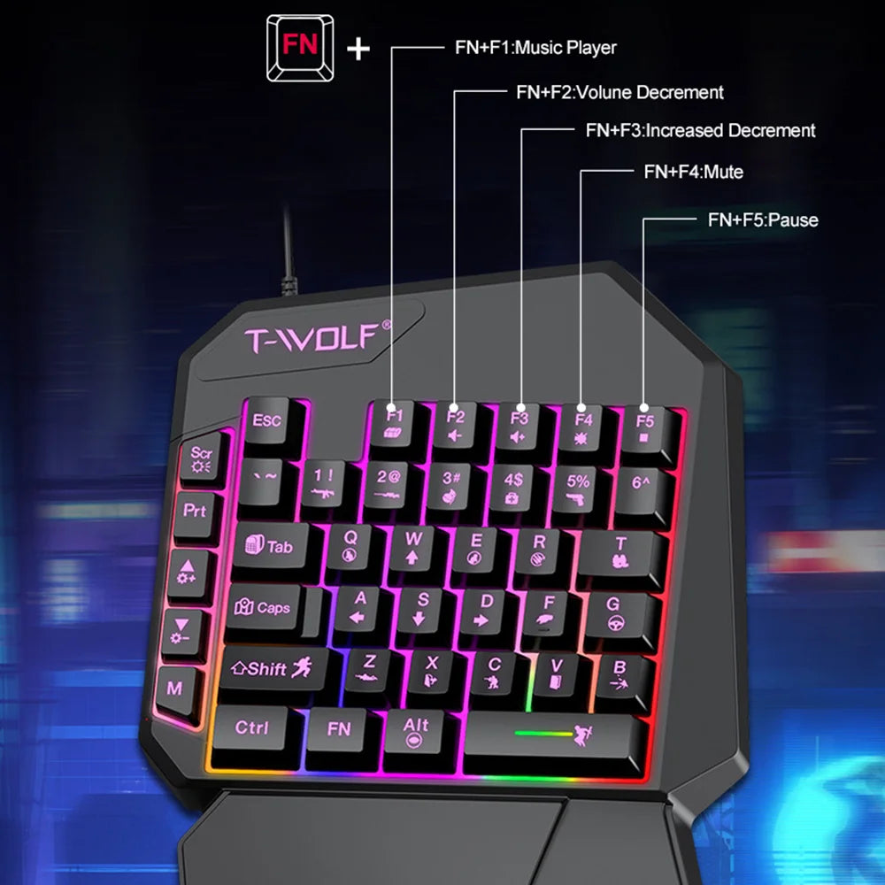 T-WOLF TF950 5PCS Gaming Keyboard Mouse Set Wired 40-Key Keyboard Mouse with Stand and Adapter for Android Phone Tablet  - Black - 5