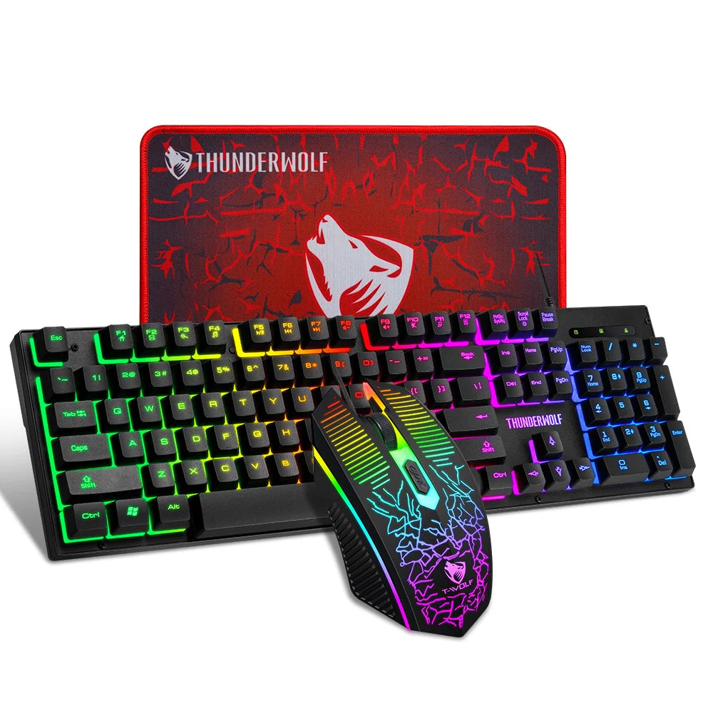 T-WOLF 3PCS Gaming Keyboard Mouse Pad Set Mechanical Feel Keyboard Optical Mouse with RGB Backlit for PC - Keyboard Mouse Pad Set - 1