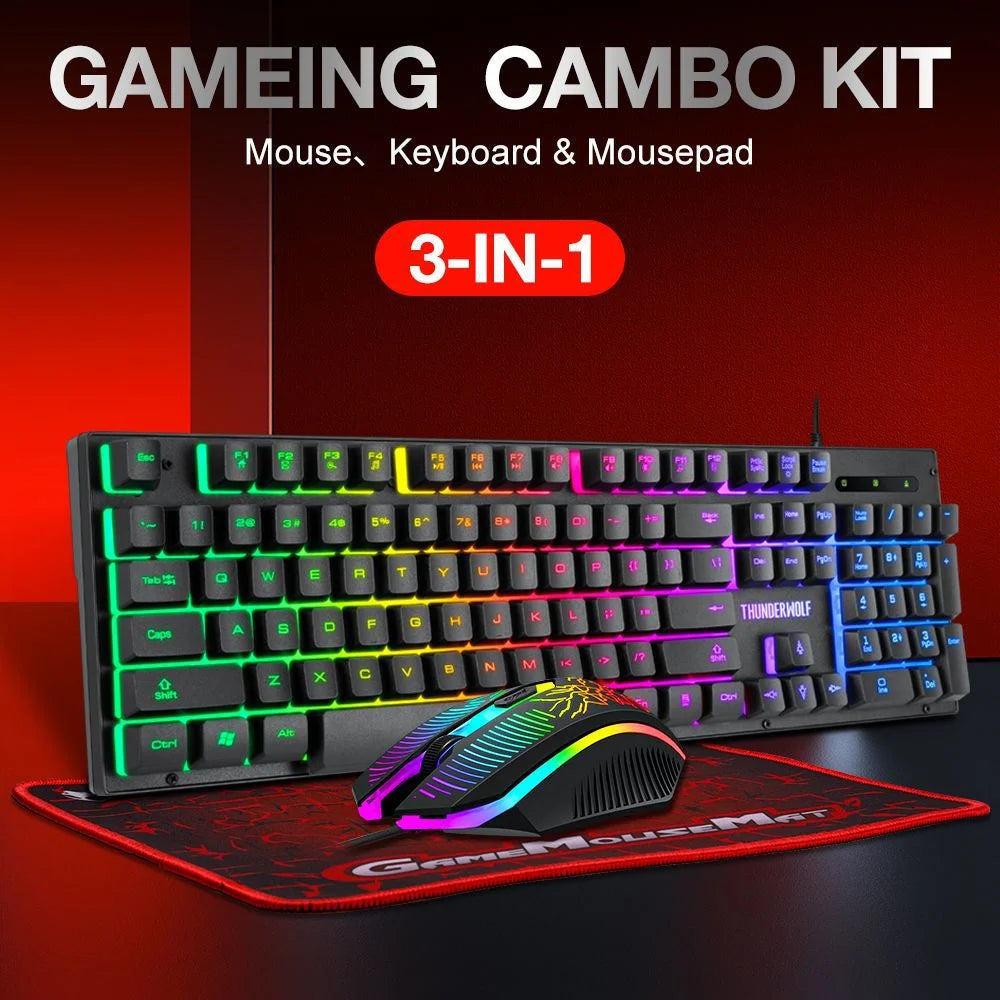 T-WOLF 3PCS Gaming Keyboard Mouse Pad Set Mechanical Feel Keyboard Optical Mouse with RGB Backlit for PC - Keyboard Mouse Pad Set - 2
