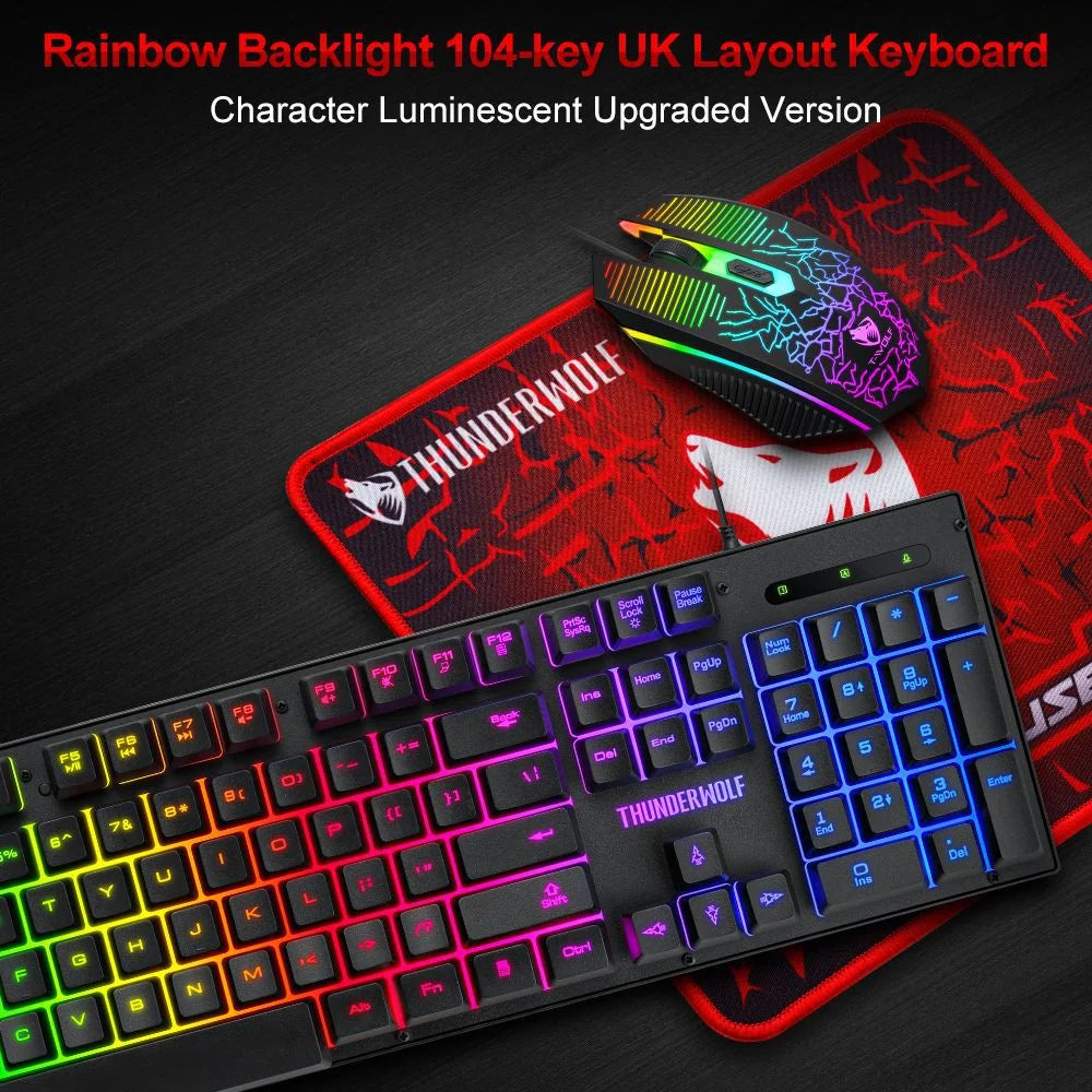 T-WOLF 3PCS Gaming Keyboard Mouse Pad Set Mechanical Feel Keyboard Optical Mouse with RGB Backlit for PC - Keyboard Mouse Pad Set - 3