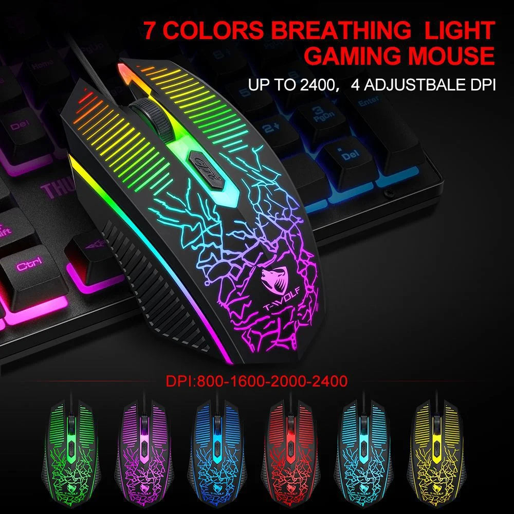 T-WOLF 3PCS Gaming Keyboard Mouse Pad Set Mechanical Feel Keyboard Optical Mouse with RGB Backlit for PC - Keyboard Mouse Pad Set - 4