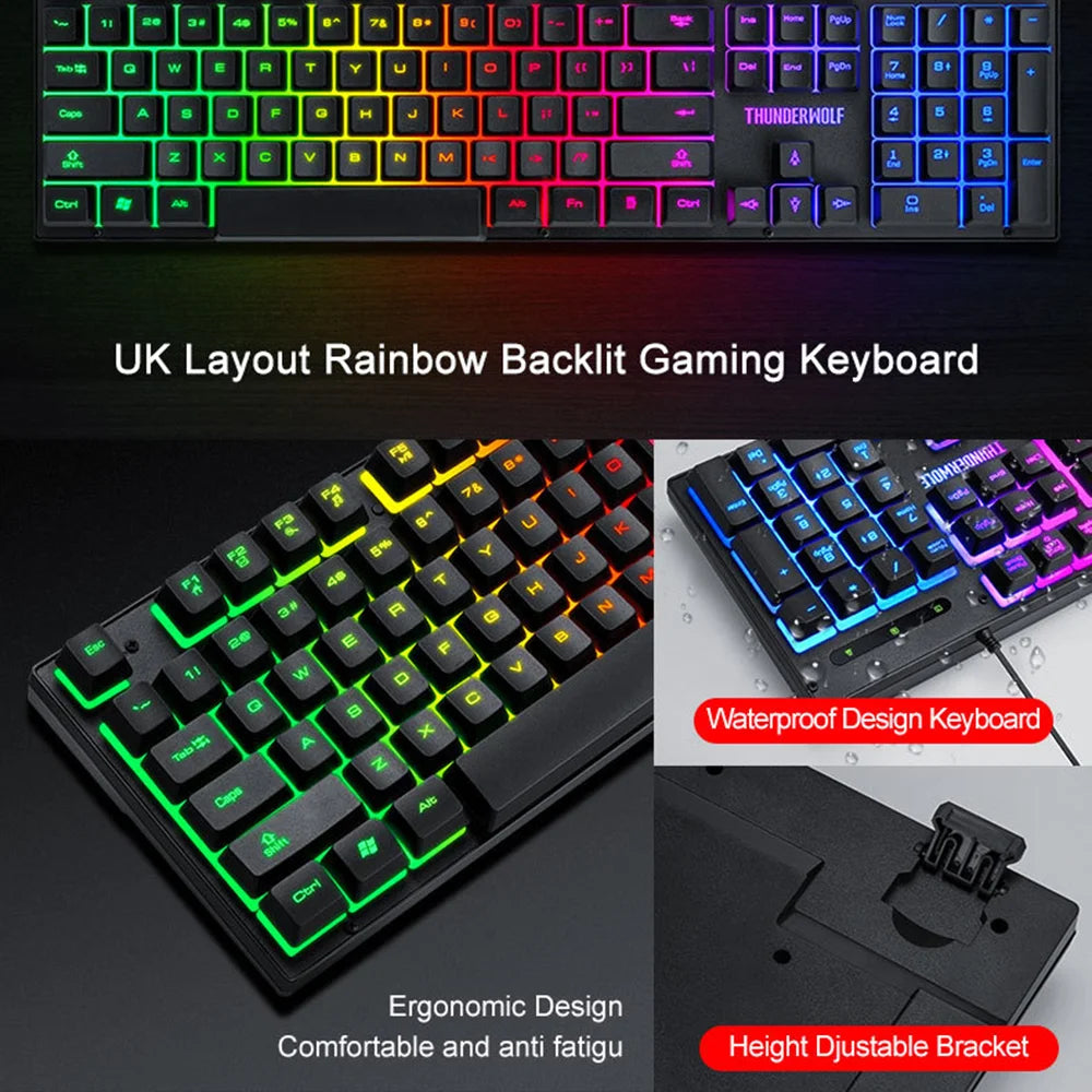 T-WOLF 3PCS Gaming Keyboard Mouse Pad Set Mechanical Feel Keyboard Optical Mouse with RGB Backlit for PC - Keyboard Mouse Pad Set - 6