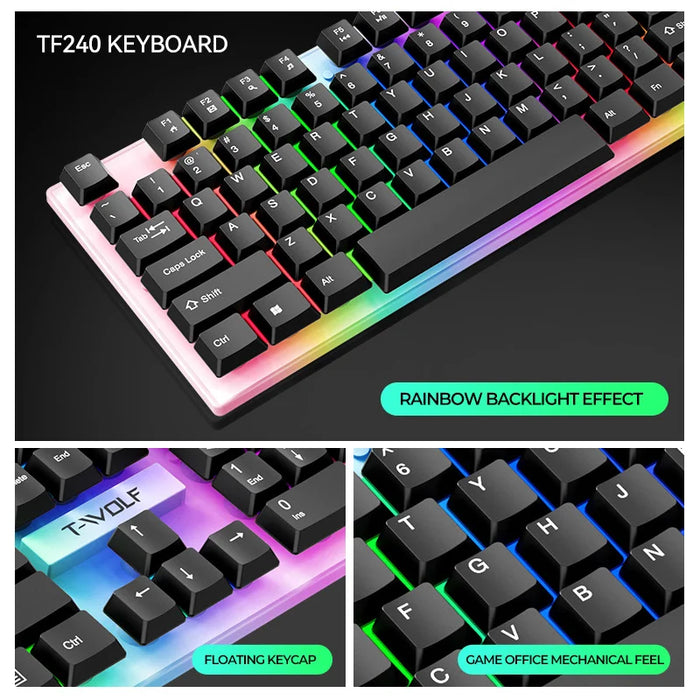 T-WOLF TF240 4 in 1 Gaming Combo Set Keyboard with Backlit Optical Mouse Headset Mousepad for PC / Laptop - Black - 4