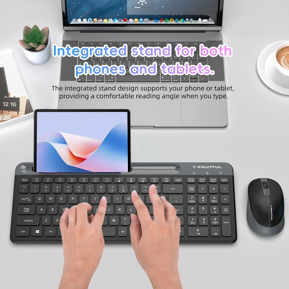 Y-FRUITFUL KM98 2.4G Wireless Keyboard Mouse Combo Set for Office Gaming with Phone Tablet Stand - Black - 3
