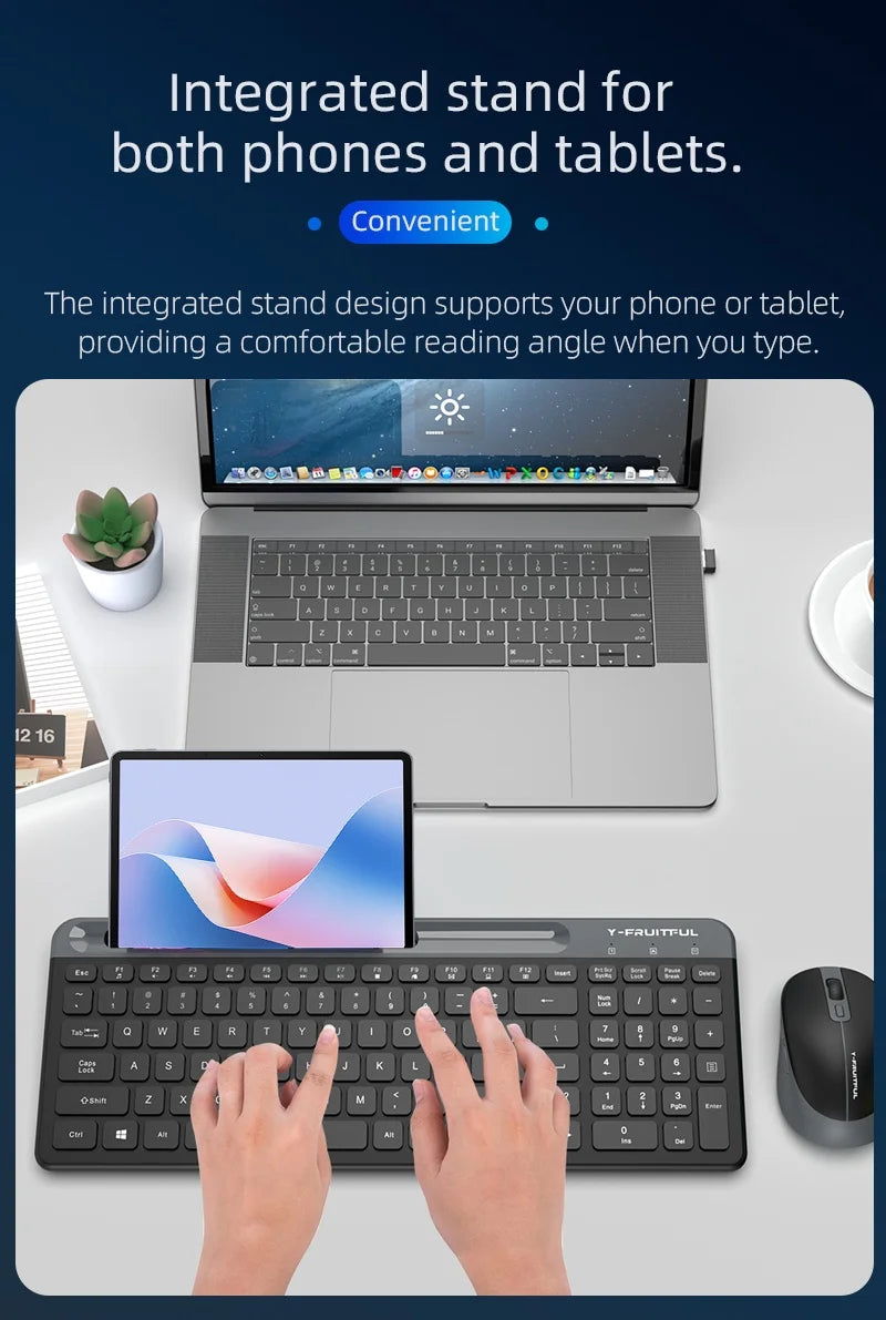 Y-FRUITFUL KM98 2.4G Wireless Keyboard Mouse Combo Set for Office Gaming with Phone Tablet Stand - Black - 6